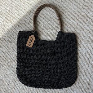 Black Woven Tote Bag with Brown Handles - Women Bags